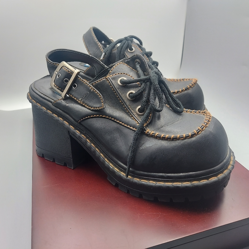 Vintage 90s/Y2K l.e.i. Black Faux Leather Goth Platform Mules Sz 8